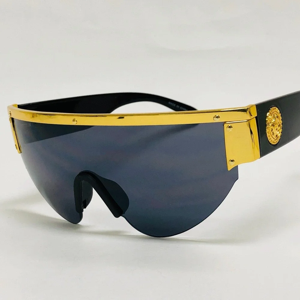 Shield Sunglasses Gold Trim‎ Accents Fashion Statement Sun Glasses UV Protection